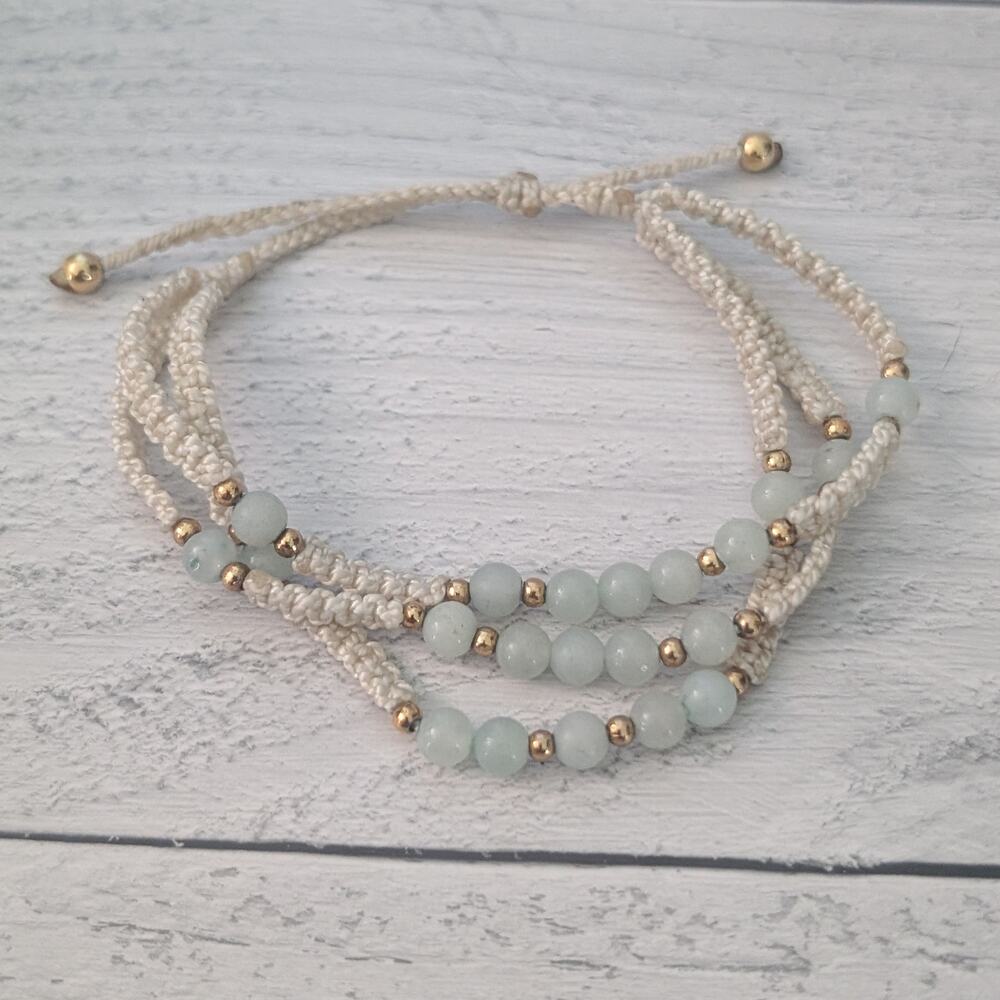 Adjustable Bracelet Multi Row Cream with Green-ish Beaded Accents - Picture 2 of 6